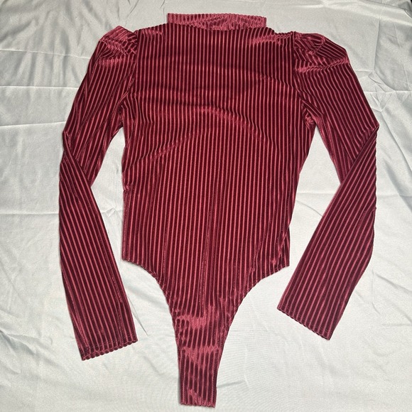 Velvet Burn Out Striped Bodysuit Large Maroon Leg O Mutton Sleeve Collar Neck - Picture 7 of 10
